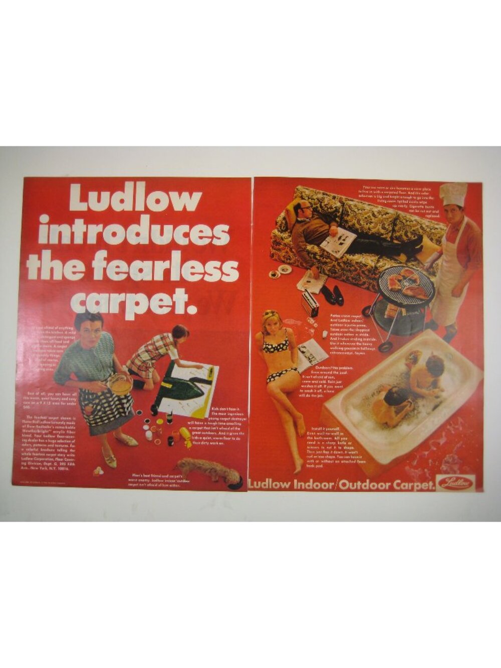 Ludlow Indoor Outdoor Carpet Ad 1960s Vintage 2 Page Print Ad Decor Bikini Grill